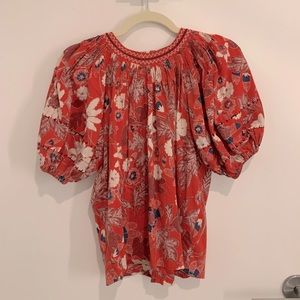 Ulla Johnson Red Floral Puff Sleeve Top SZ 0